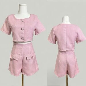 Tweed Top and Shorts Set Women Size Medium Pink Short Sleeves Highwaist Highrise